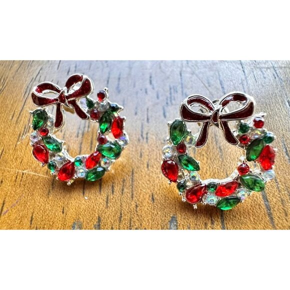 Christmas Wreath Earrings New Red Green Clear Crystals Posts Festive Bow… - Picture 5 of 12